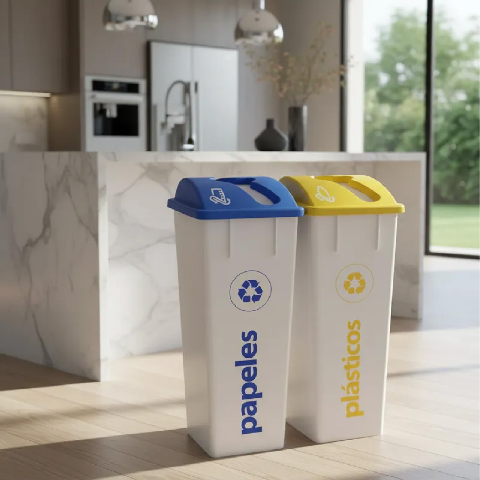 Contenedor identificado con gráfica de reciclaje RSU BOX